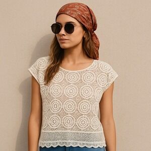 Handmade White Crochet‎ Top Boho Chic Hippie Festival Casual Clean Earthy